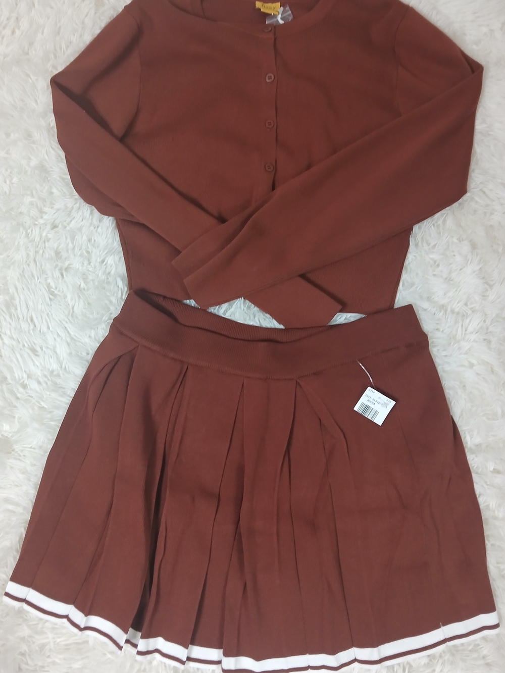 Daisy Rust Brown Pleated Skater Skirt with White Trim